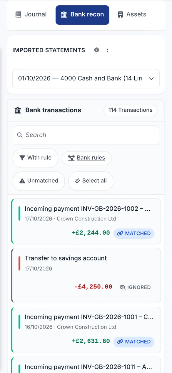 Bidmio Mobile App – Payment Matching: Bank payments are matched to your invoices.