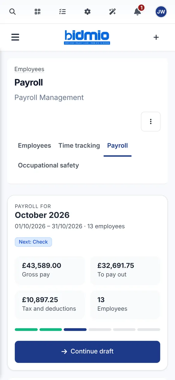 Bidmio Mobile App – Payroll: Payroll period with gross pay, net pay and taxes.
