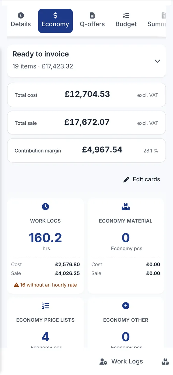 Bidmio Mobile App – Job economics: Cost, sales and contribution from hours, materials and transport.