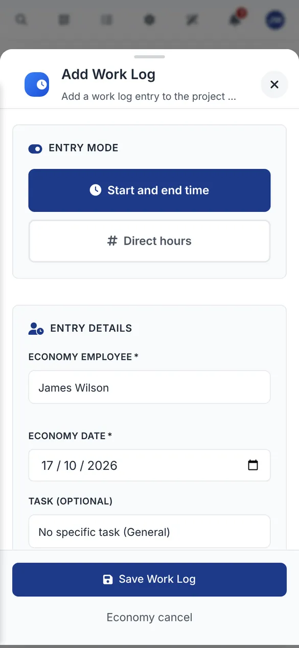 Bidmio Mobile App – Time Tracking: Log working hours directly on the job, even by voice.