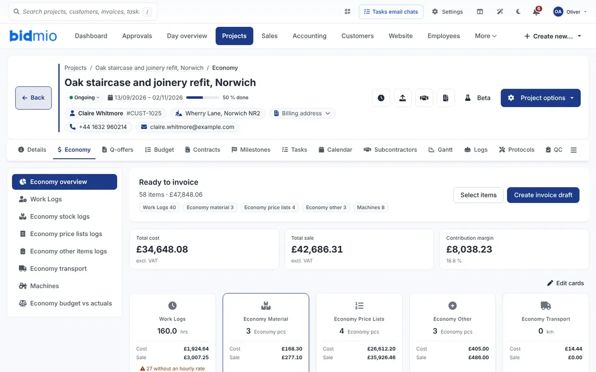 Job economy for a staircase in Bidmio with items ready to invoice, total cost and contribution margin