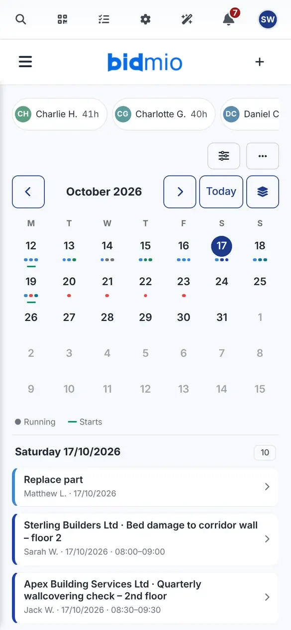 Day overview of a decorating firm on a phone with a monthly calendar and the day's visits