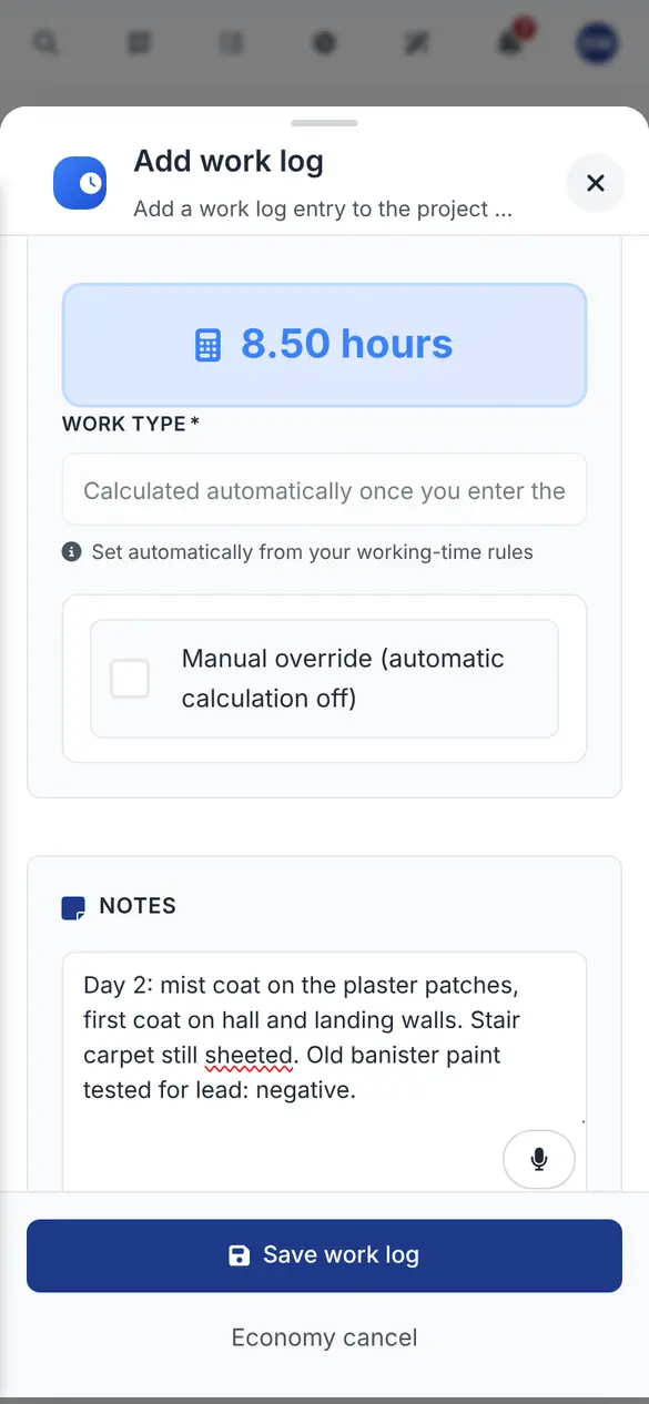 Work log on a phone with the hours worked, a note and a microphone button