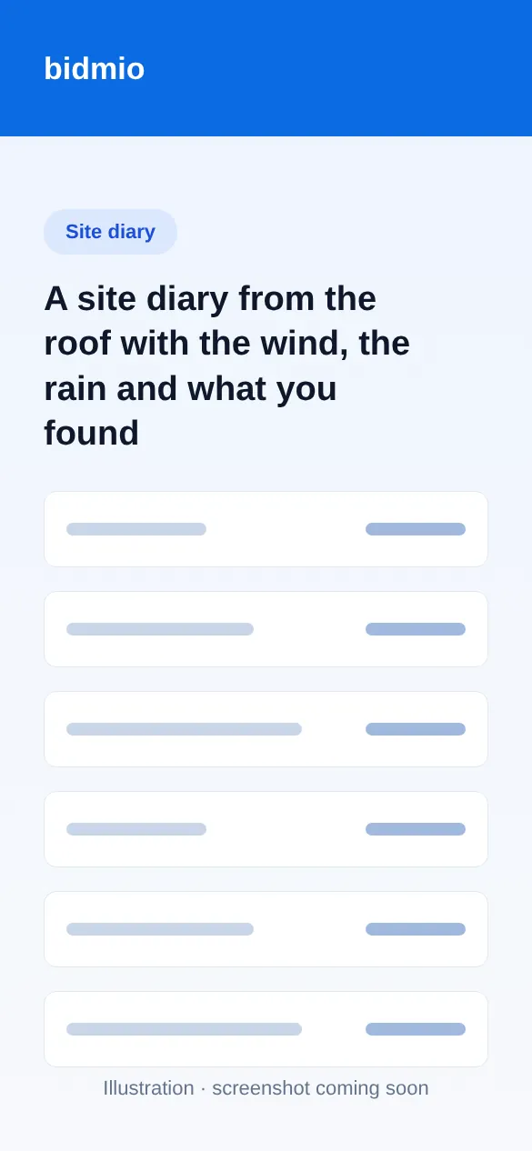 Site diary for the roof with membrane, replaced rafters, crew, hours and wind