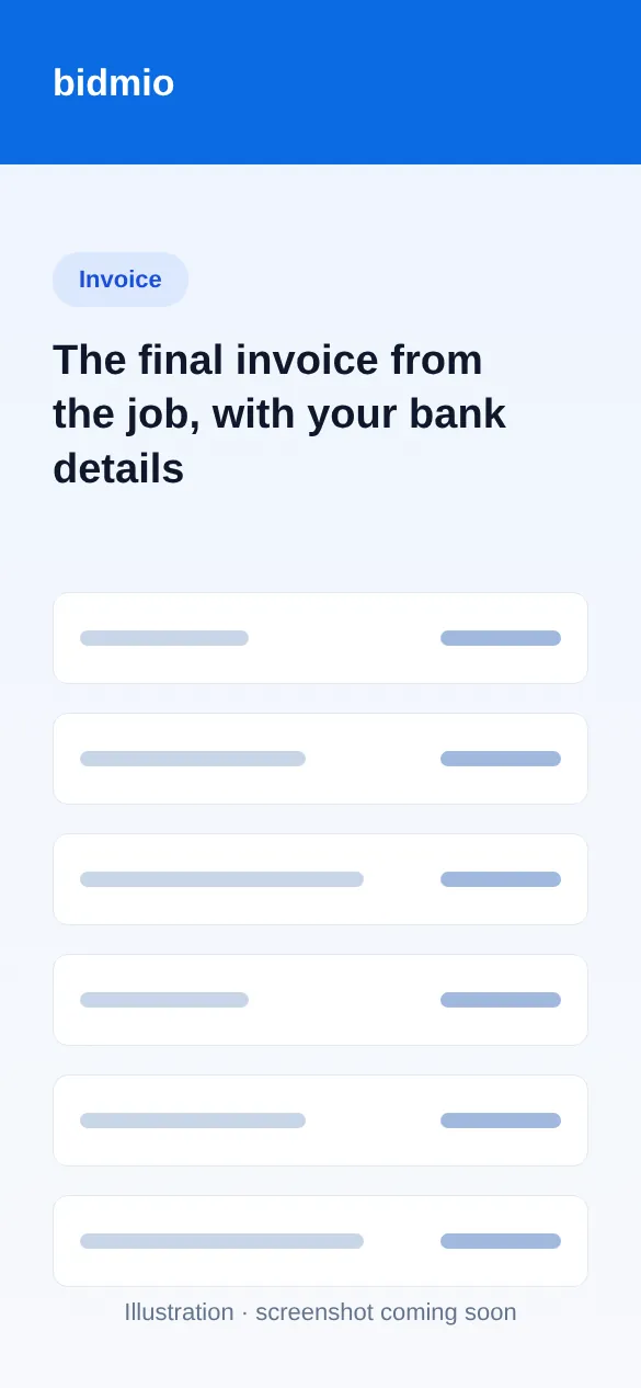 Final invoice for the new roof with the deposit deducted and the bank details